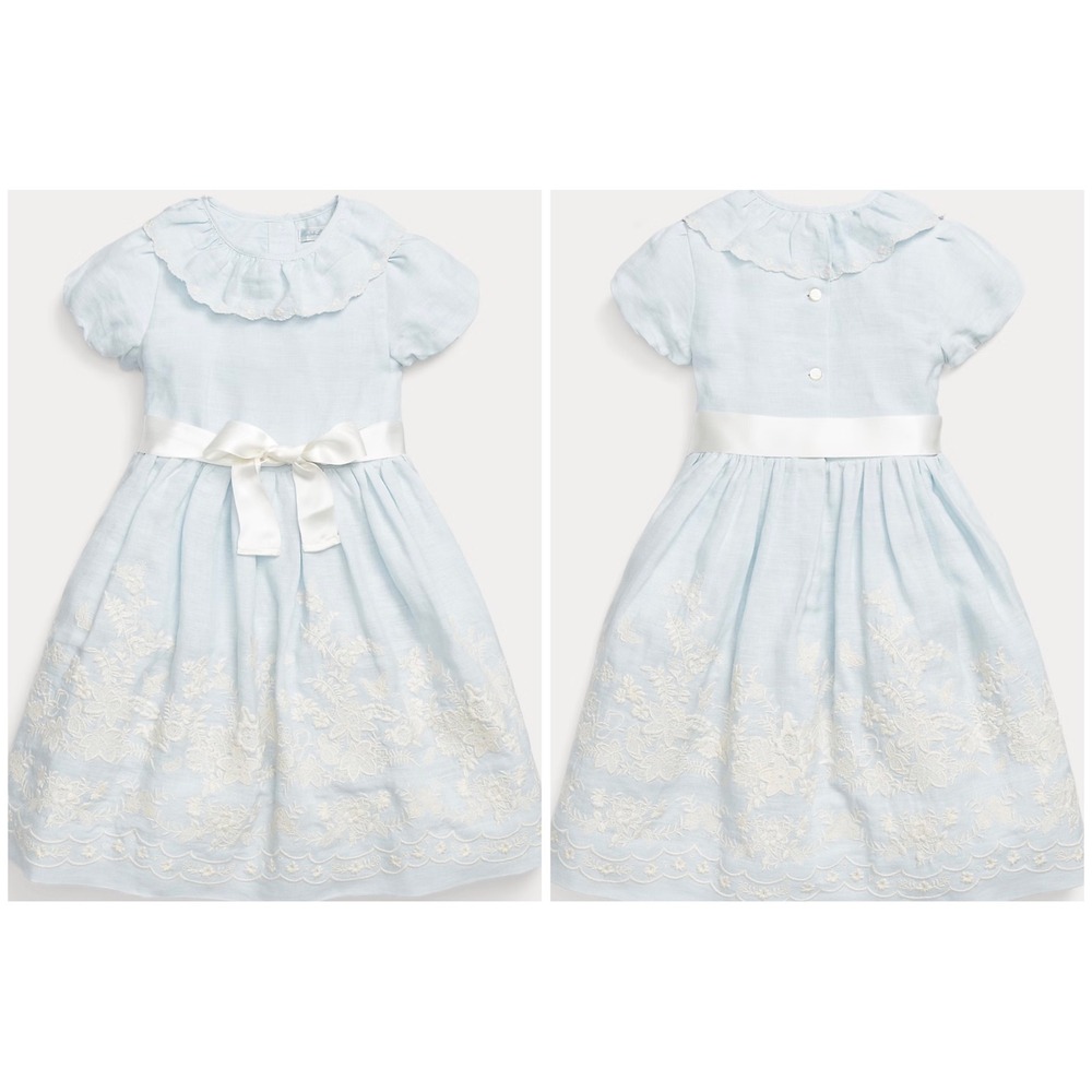 Ralph Lauren Baby Girl Chambray Embroidered Dress | Blue Floral Sleeveless | 24M